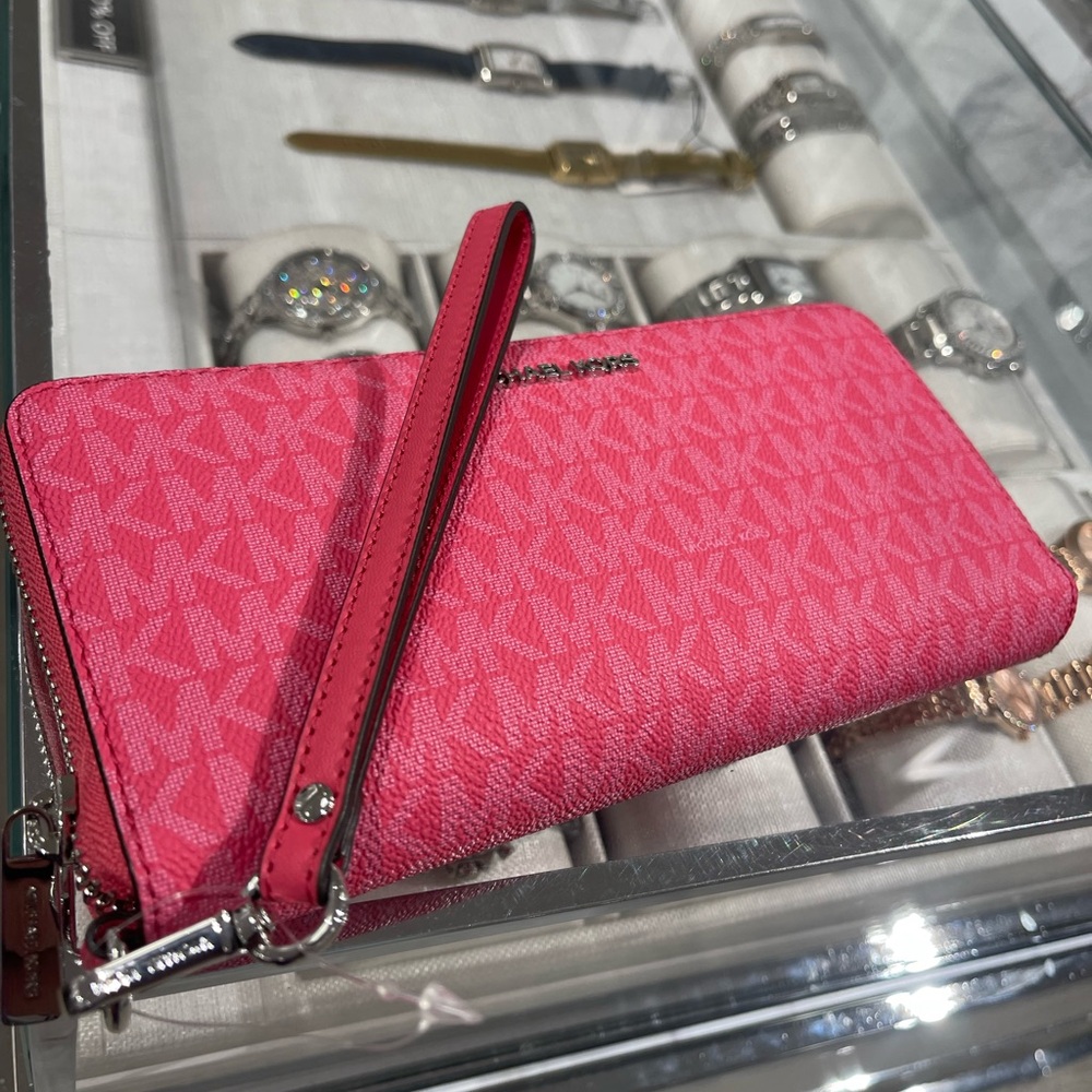 MICHAEL KORS Jet Set Large Signature Logo Continental Wallet Wristlet Hibiscus - Picture 11 of 16